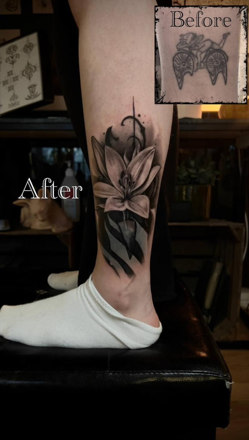 Cover up tatuering Uppsala — lilja i realism på vad, före och efter